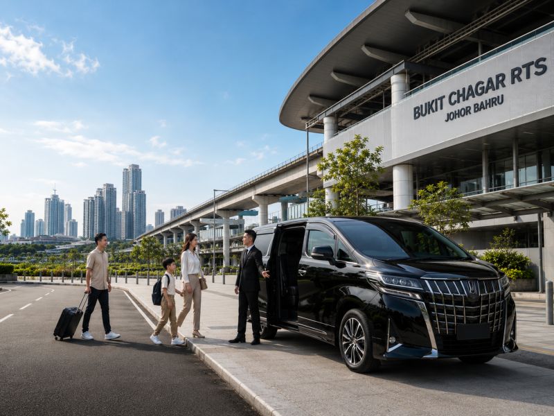 Luxury private taxi pickup at Bukit Chagar RTS Johor Bahru with professional chauffeur and premium MPV.