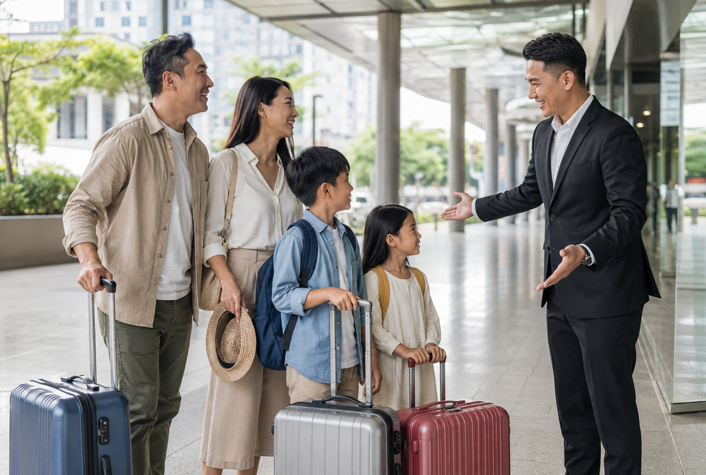 Family with children and luggage being welcomed on arrival in Johor Bahru