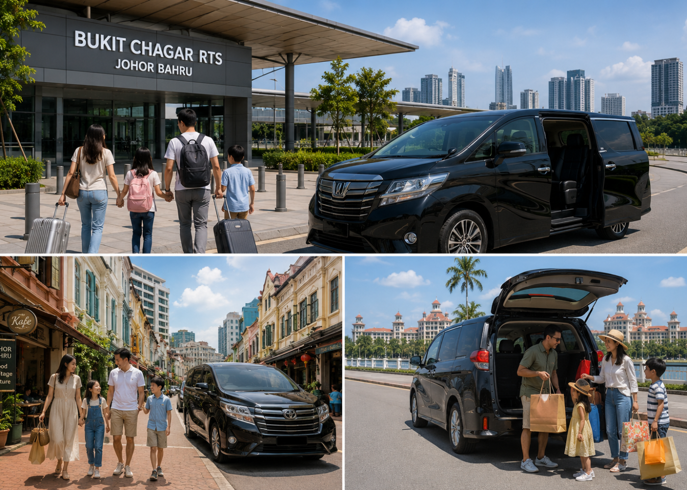 Family travelling around Johor Bahru by private MPV after arriving from Singapore